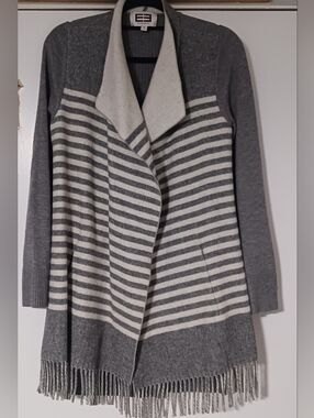 Etcetera Gray & Cream Striped Fringe Open-Front Cardigan